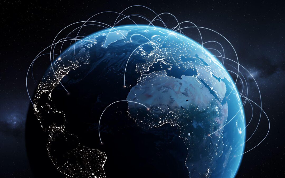 Globo terráqueo con conexiones luminosas que representan las cadenas de suministro internacionales y el nearshoring